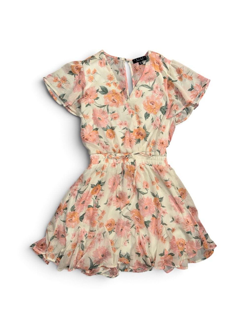 Trixxi XS Pink Floral Cottagecore Dainty Short Sleeve Ruffle Hem Dress